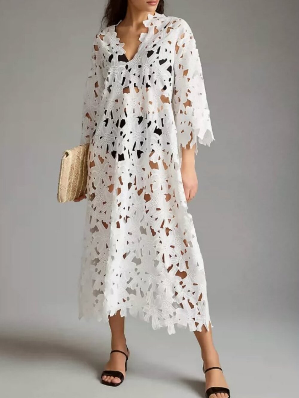 NWR By Anthropologie Floral Eyelet Kaftan One Size White Ivory - Picture 2 of 4